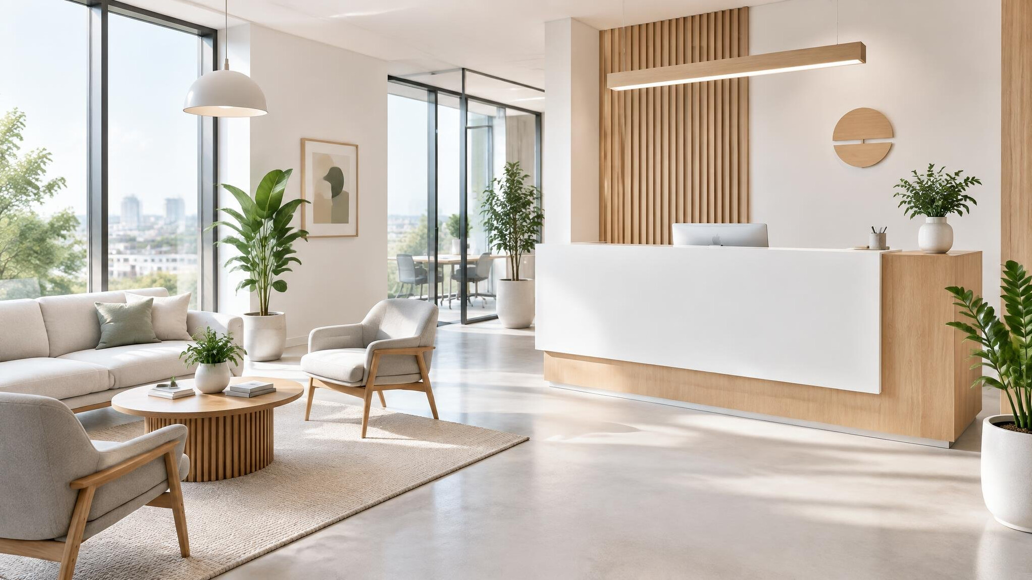 Modern reception desk in a bright office lobby
