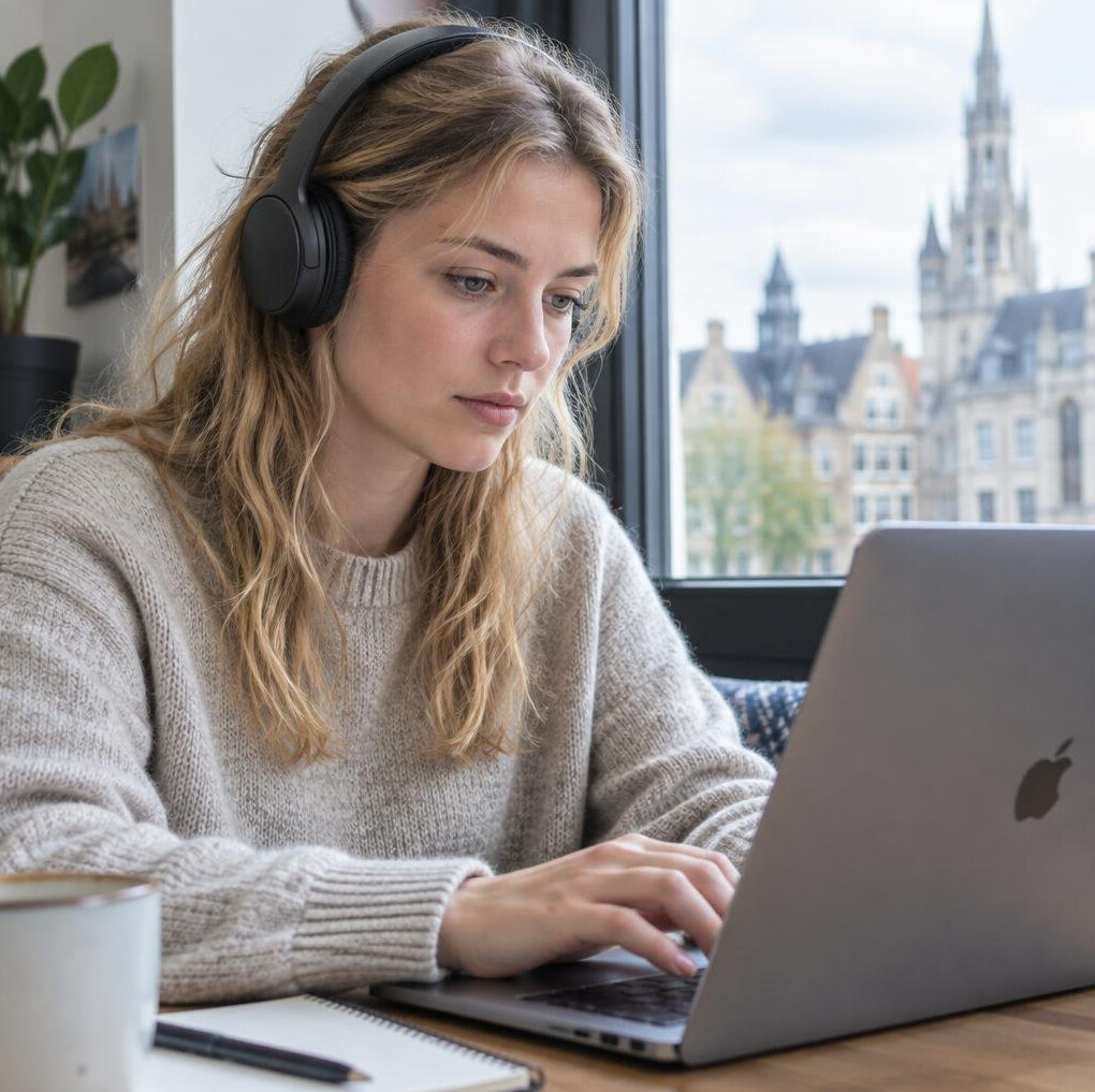 Person wearing headphones working on a laptop